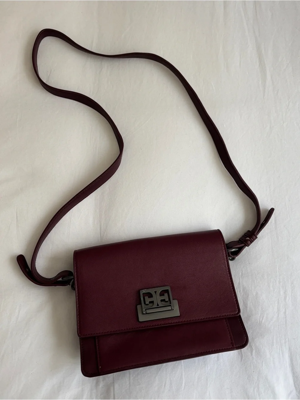 Sam Edelman Burgundy Crossbody Bag with Gunmetal Logo & Short Chain Strap